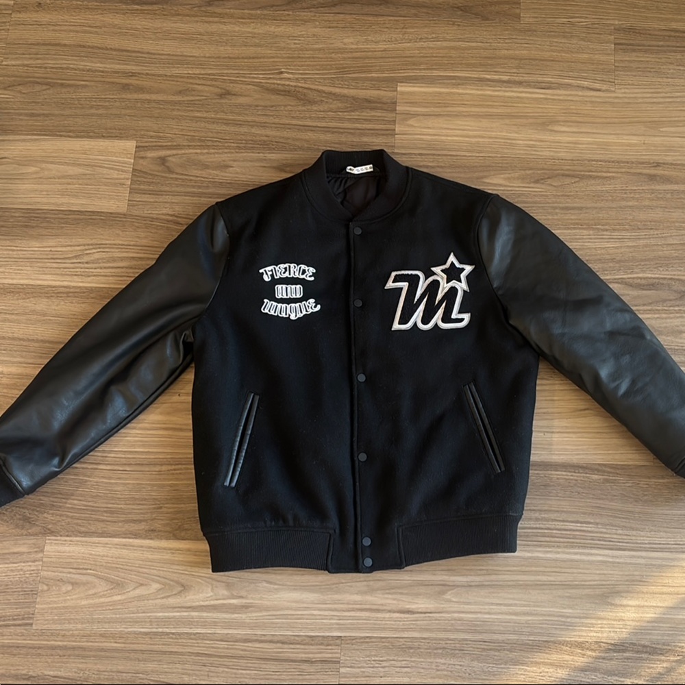 ZARA  Black Varsity Jacket with Leather Sleeves “FIERCE & UNIQUE”